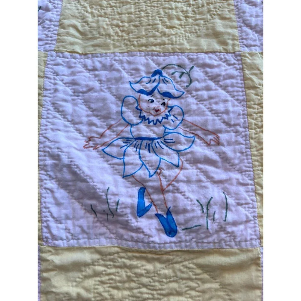 Vintage Fairy Elf Baby Blanket Quilt Hand Drawn Handmade Yellow Flaws READ
